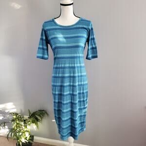 LuLaRoe Short Sleeve Blue Striped Midi Dress Size M